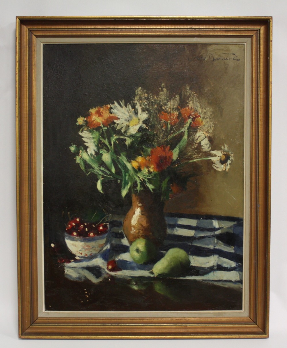 (XX). An impressionist still life study of a vase of flowers, pears and a bowl of cherries on a - Image 2 of 5