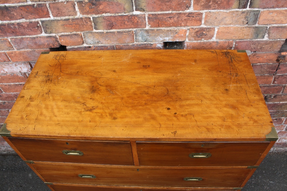 A 19TH CENTURY HARDWOOD CAMPAIGN CHEST, typically split in two parts, having inset brass handles, - Image 5 of 11