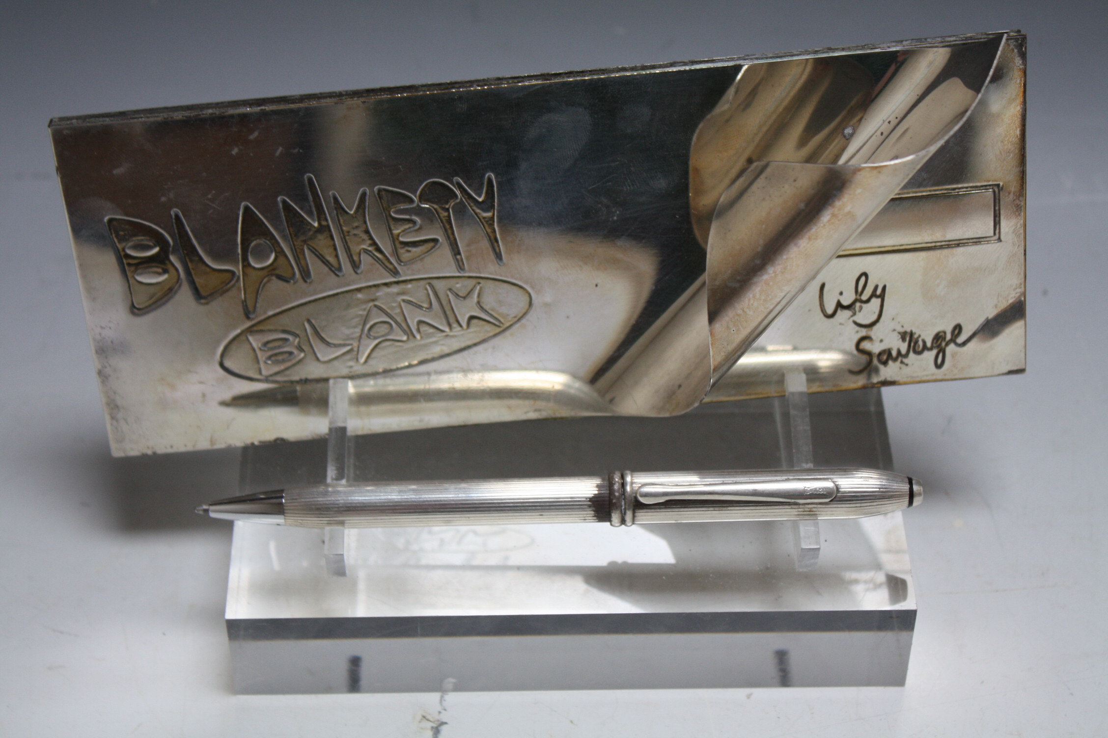 A GENUINE SILVER PLATED BLANKETY BLANK CHEQUE BOOK AND PEN, from the Lily Savage series, the 'Cross' - Image 2 of 3