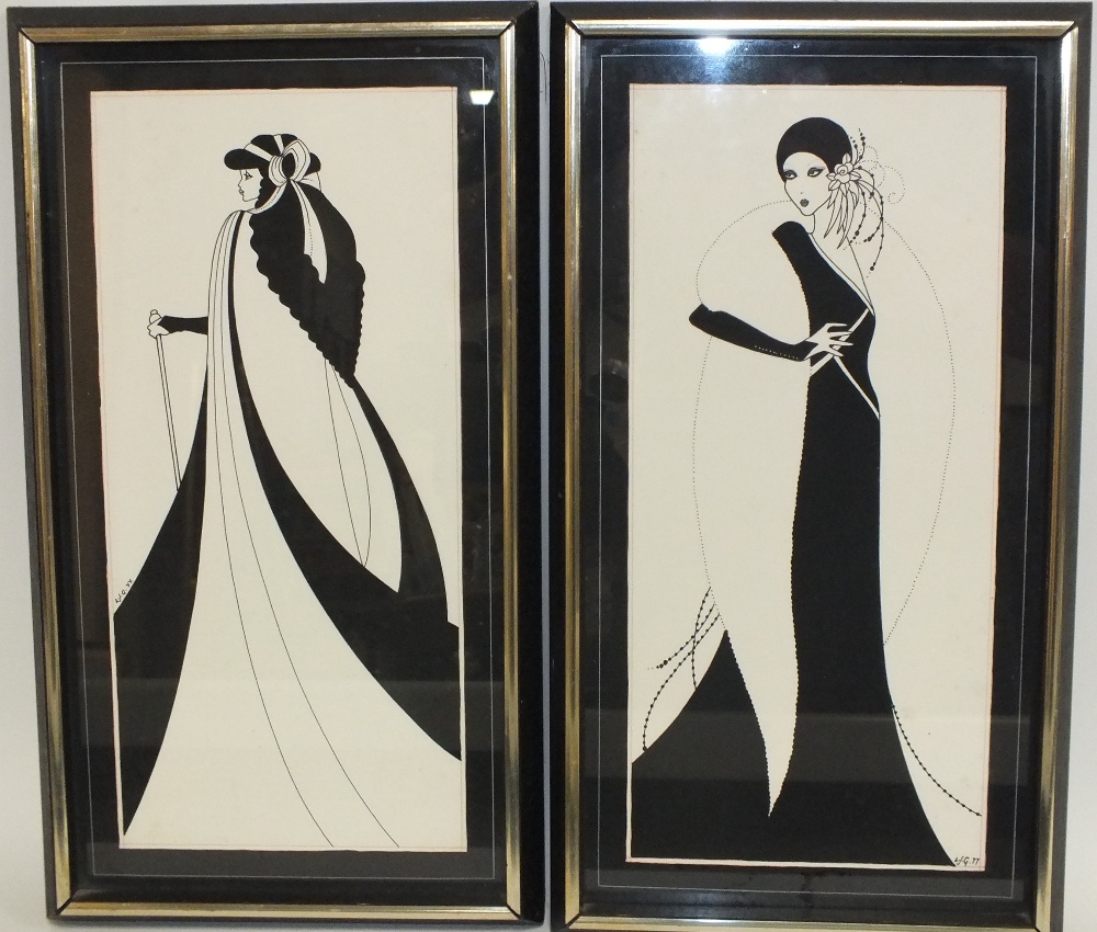 L.J.G. A pair of Art Deco style portrait studies of stylized women in elegant dress, one signed