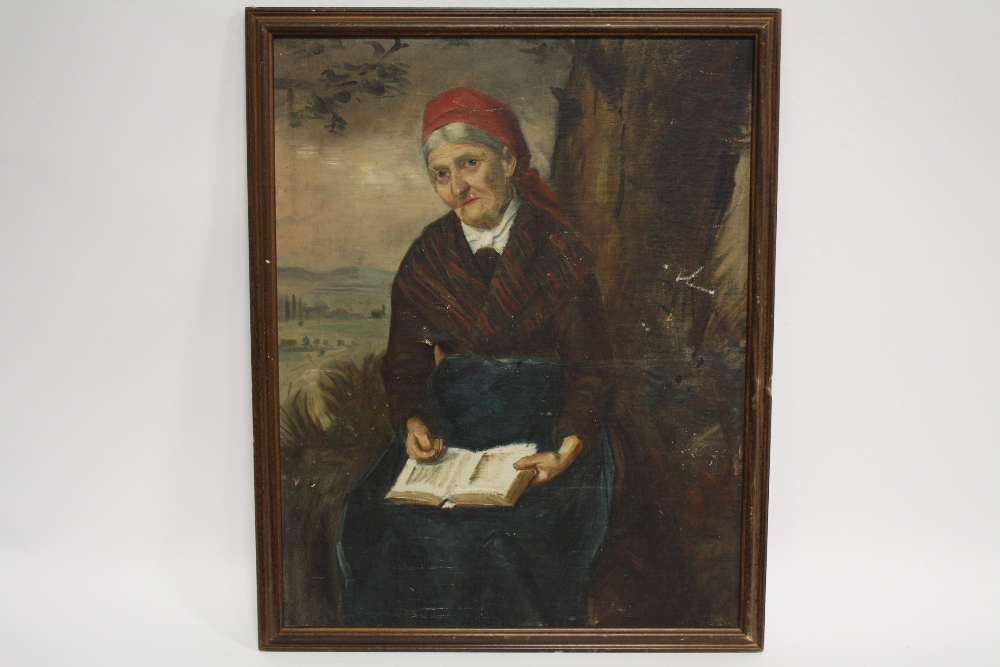 (XIX). Continental school, study of a seated peasant woman with book in a wooded landscape, - Image 2 of 3