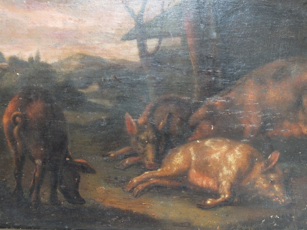 DUTCH SCHOOL (XVIII). Farmyard scene with pigs, mountains beyond, unsigned, oil on panel, framed, 27