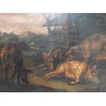 DUTCH SCHOOL (XVIII). Farmyard scene with pigs, mountains beyond, unsigned, oil on panel, framed, 27