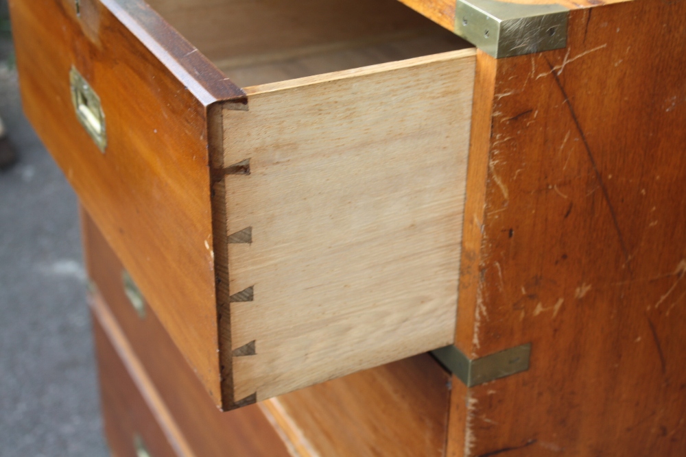 A 19TH CENTURY HARDWOOD CAMPAIGN CHEST, typically split in two parts, having inset brass handles, - Image 7 of 11