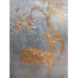 VINTAGE PERSIAN SILK WITH METAL THREAD, study of a fawn in wooded landscape, unsigned, gilt framed