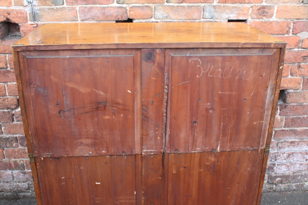 A 19TH CENTURY HARDWOOD CAMPAIGN CHEST, typically split in two parts, having inset brass handles, - Image 9 of 11