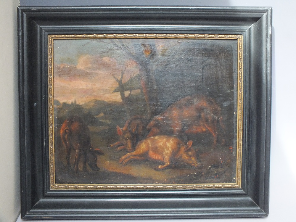 DUTCH SCHOOL (XVIII). Farmyard scene with pigs, mountains beyond, unsigned, oil on panel, framed, 27 - Image 2 of 4
