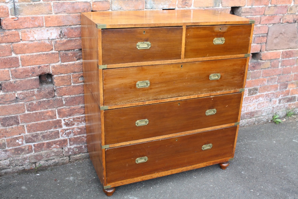 A 19TH CENTURY HARDWOOD CAMPAIGN CHEST, typically split in two parts, having inset brass handles, - Image 2 of 11