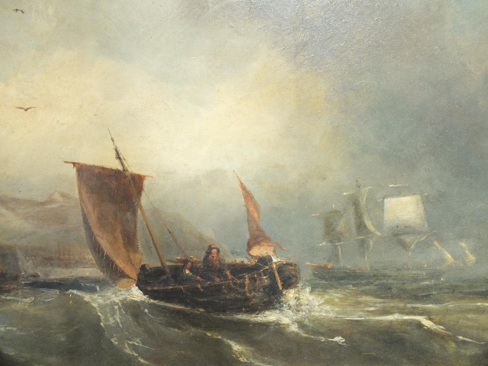 WILLIAM ANSLOW THORNLEY (1857-1898). Stormy coastal scene with sailing vessels and figures in a