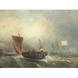 WILLIAM ANSLOW THORNLEY (1857-1898). Stormy coastal scene with sailing vessels and figures in a