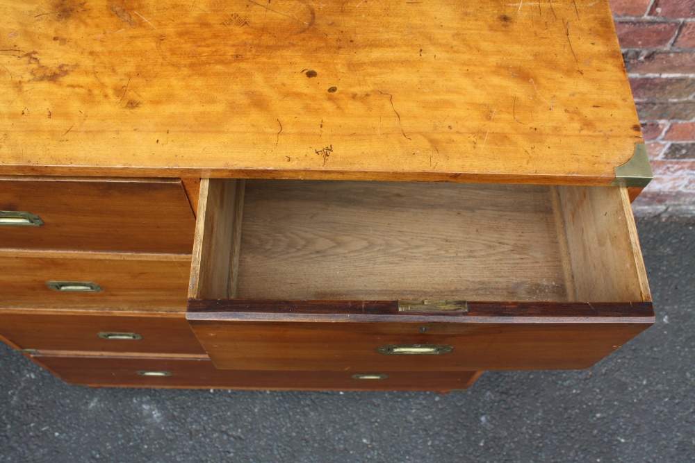A 19TH CENTURY HARDWOOD CAMPAIGN CHEST, typically split in two parts, having inset brass handles, - Image 6 of 11