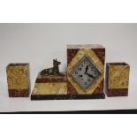 A FRENCH ART DECO MARBLE CLOCK GARNITURE BY BONNETT & POTTIER, the stylized clock with mounted