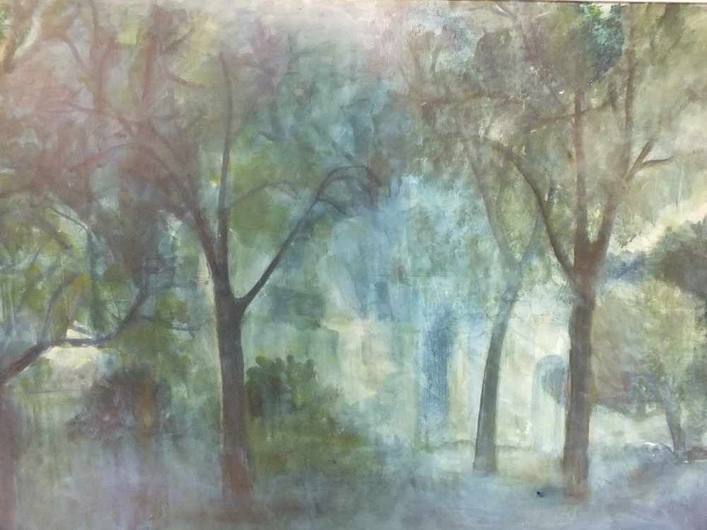 A 20TH CENTURY IMPRESSIONIST STUDY OF TREES BEFORE A TOWN WALL, unsigned, oil on board, framed, 60 x