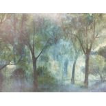 A 20TH CENTURY IMPRESSIONIST STUDY OF TREES BEFORE A TOWN WALL, unsigned, oil on board, framed, 60 x