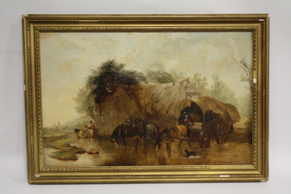 (XIX). English school, wooded river landscape with farm building, with horses, carts, figures and - Image 2 of 4