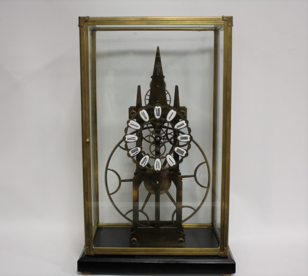 AN EARLY 21ST CENTURY GLASS CASED GREAT WHEEL SKELETON CLOCK, overall case dimensions W 34 cm, H
