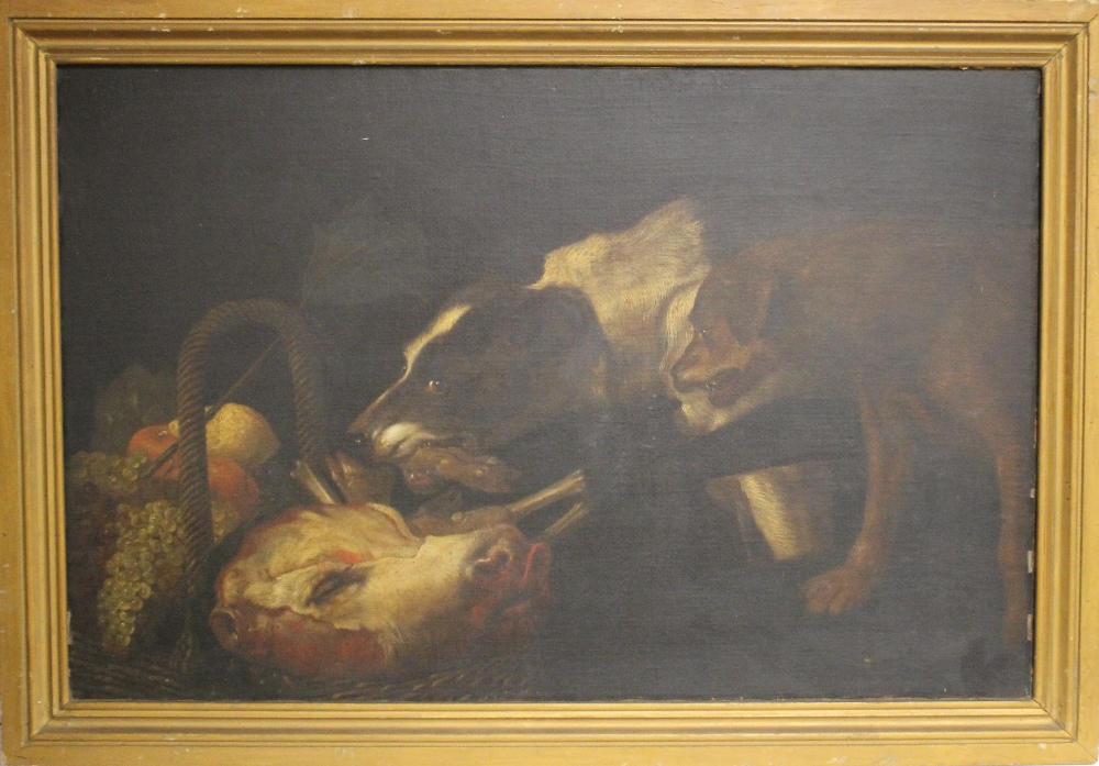 (XIX). Irish school, study of two dogs resting on a calves head and foot by a basket of fruit, - Image 2 of 4