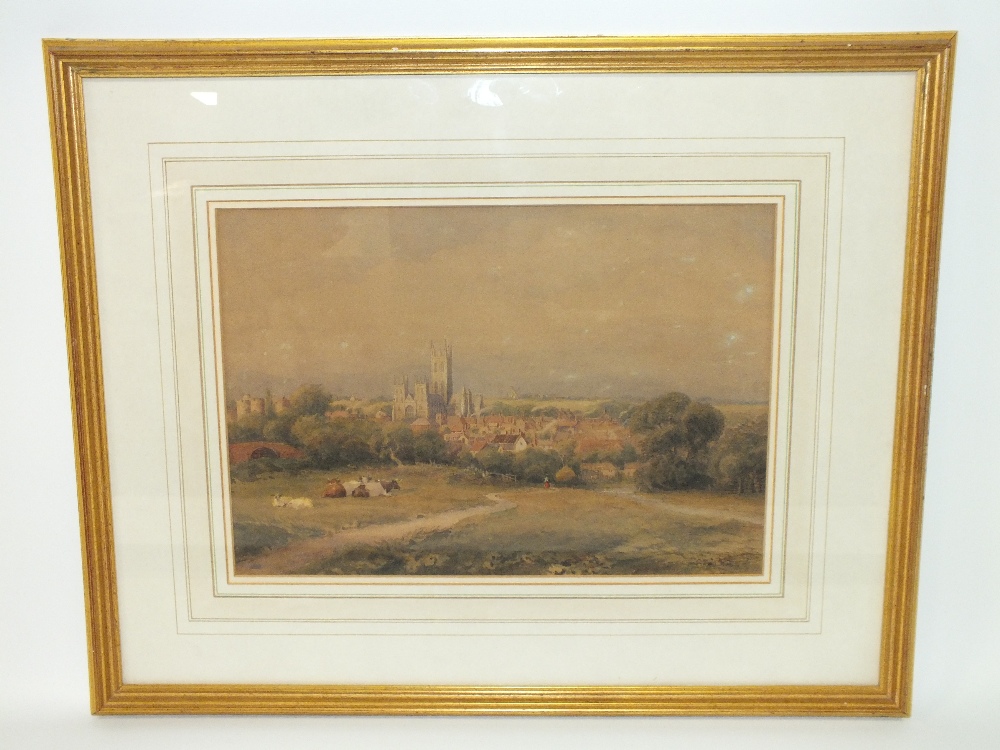 SAMUEL STANDIGE BODEN (1826-1882). A view of Canterbury Cathedral from the fields, signed lower