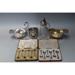 A COLLECTION OF HALLMARKED SILVER AND PLATED WARE CONSISTING OF A CASED SET OF COFFEE SPOONS BY