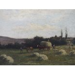 M. I. DAVIS (XIX). English school, rural haymaking scene with horses, hay carts and figures,