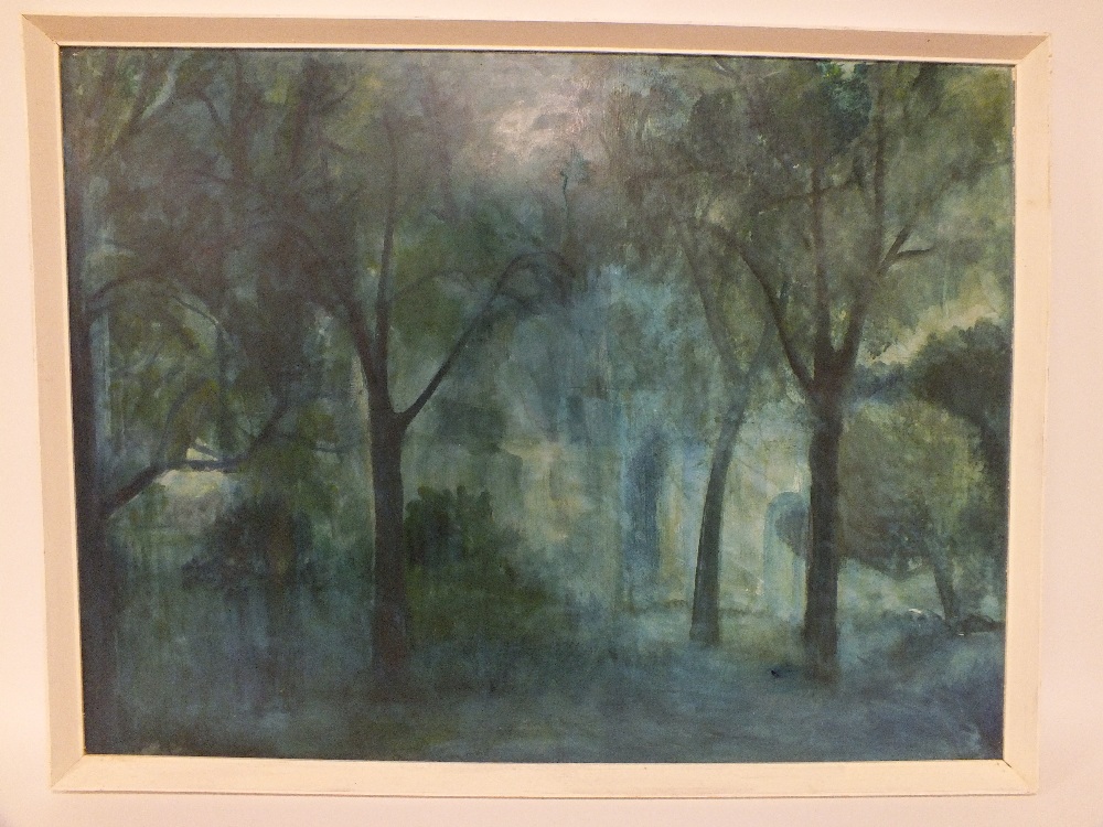 A 20TH CENTURY IMPRESSIONIST STUDY OF TREES BEFORE A TOWN WALL, unsigned, oil on board, framed, 60 x - Image 2 of 3