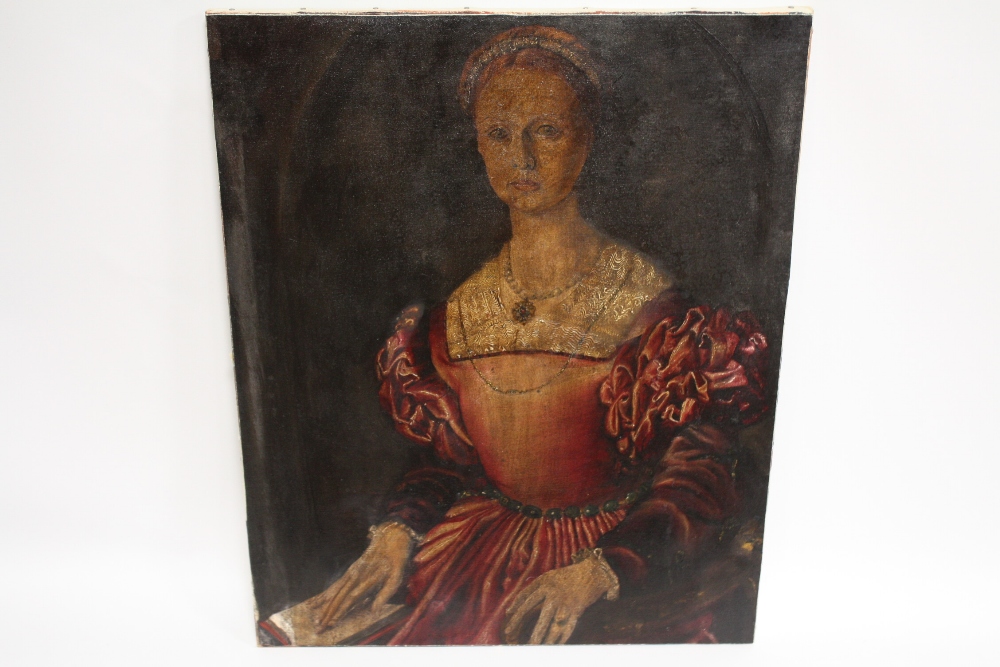 (XX). Portrait study of a seated lady in Tudor dress, unsigned, oil on canvas, unframed, 76 x 61 cm - Image 2 of 4