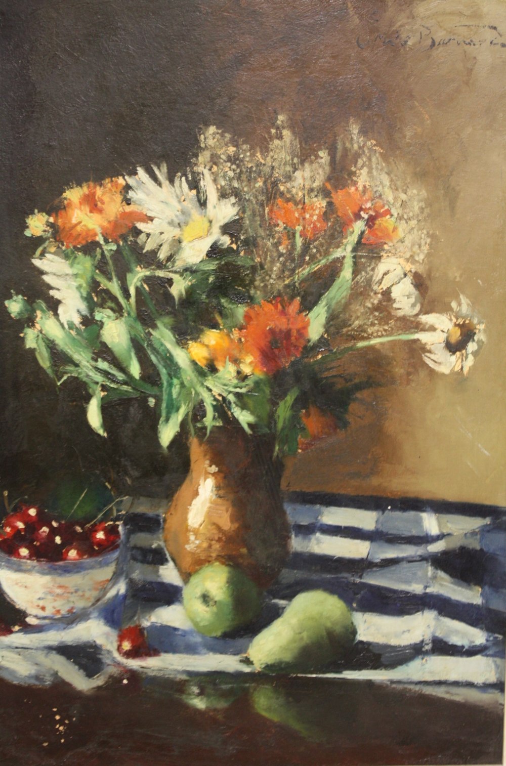 (XX). An impressionist still life study of a vase of flowers, pears and a bowl of cherries on a