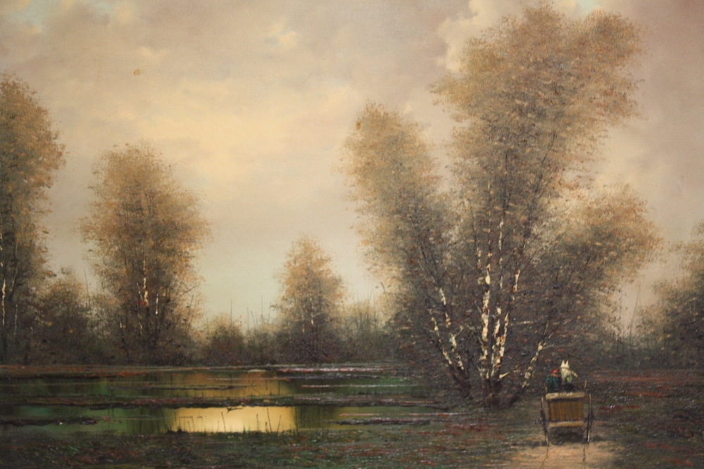 BOHDAN PIASECKI. Polish school, impressionist wooded lake scene with horse, cart and figure on a