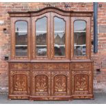 A LARGE ANTIQUE DUTCH MARQUETRY INLAID BOOKCASE, the four door breakfront upper section with