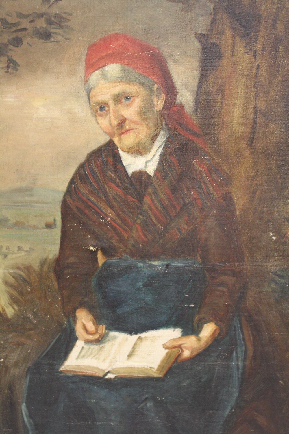 (XIX). Continental school, study of a seated peasant woman with book in a wooded landscape,