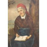 (XIX). Continental school, study of a seated peasant woman with book in a wooded landscape,