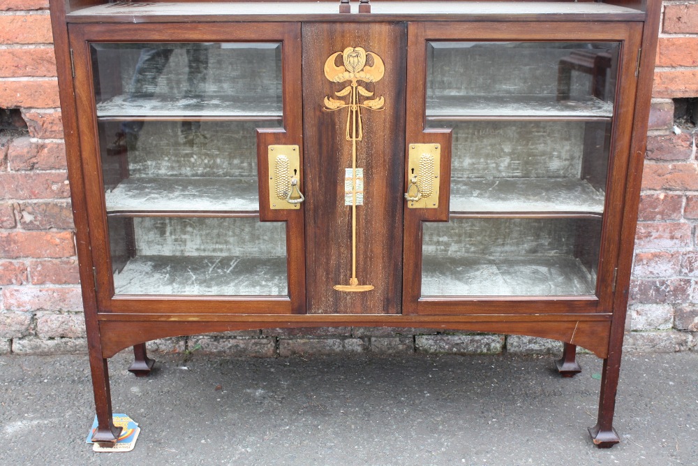 AN ART NOUVEAU MAHOGANY INLAID DISPLAY CABINET IN THE STYLE OF SHAPLAND AND PETTER, the upper - Image 8 of 14