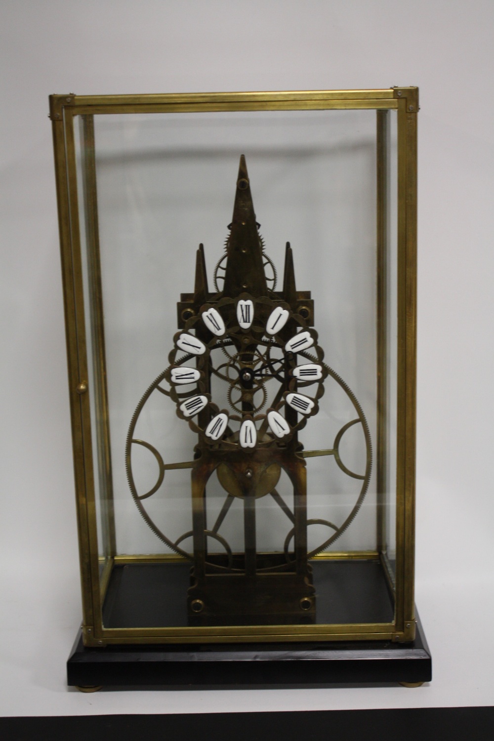 AN EARLY 21ST CENTURY GLASS CASED GREAT WHEEL SKELETON CLOCK, overall case dimensions W 34 cm, H - Image 2 of 5
