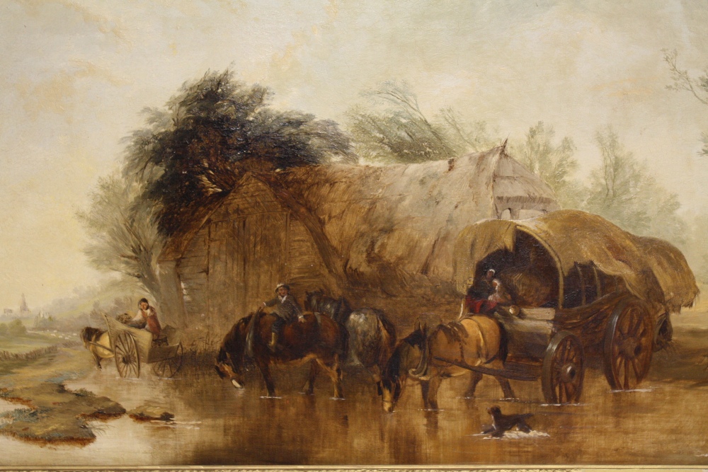 (XIX). English school, wooded river landscape with farm building, with horses, carts, figures and