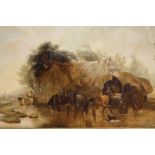 (XIX). English school, wooded river landscape with farm building, with horses, carts, figures and