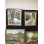 FOUR LARGE OIL PAINTINGS OF COUNTRY LANDSCAPES ETC TO INCLUDE R.ABELL, C.INNES ETC