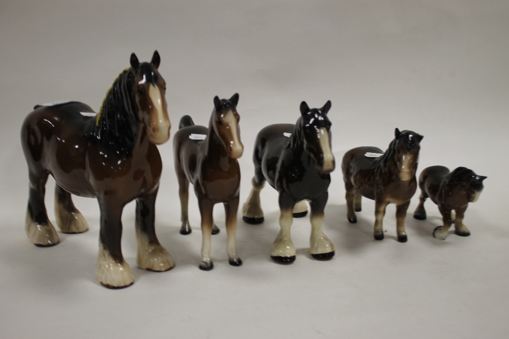 FIVE BESWICK AND OTHER HORSE FIGURES TO INCLUDE A SHIRE MARE