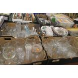 THREE TRAYS OF GLASSWARE TOGETHER WITH A TRAY OF CERAMICS