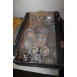 A TRAY OF GLASSWARE MAINLY CUT GLASS