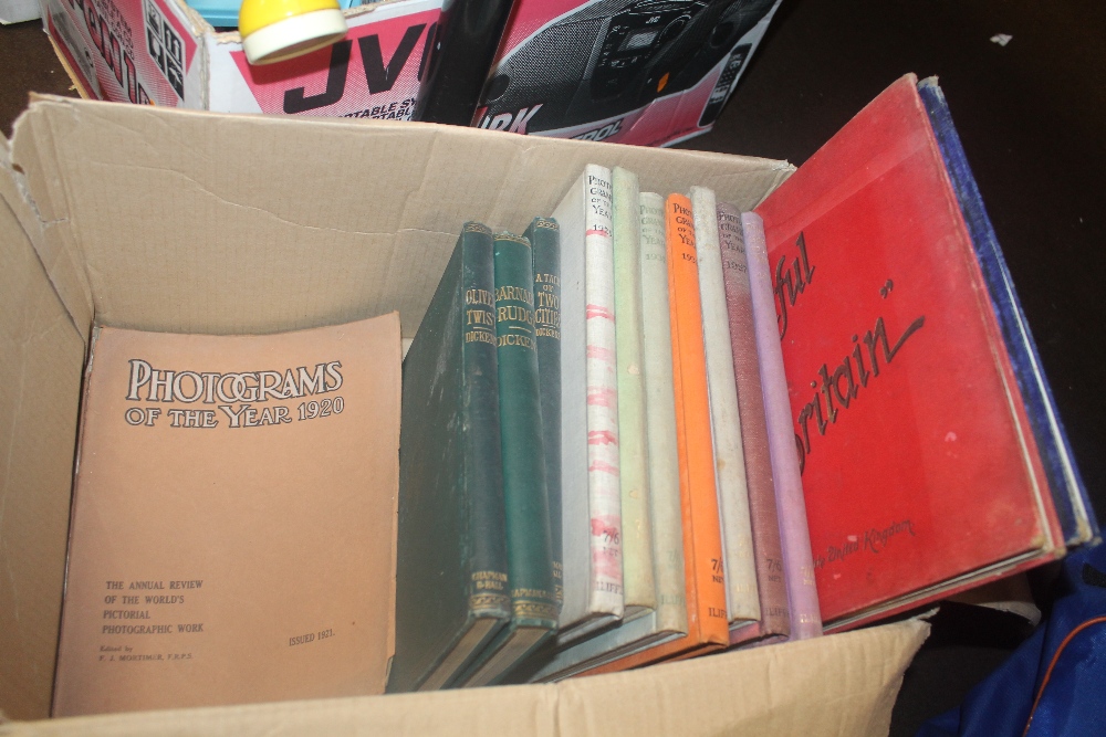 A BOX OF BOOKS TO INCLUDE PHOTOGRAPHS OF THE YEAR 1921 - 37, CHARLES DICKENS HOUSEHOLD EDITION ETC.