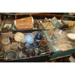 FOUR TRAYS OF CERAMICS, GLASSWARE ETC.