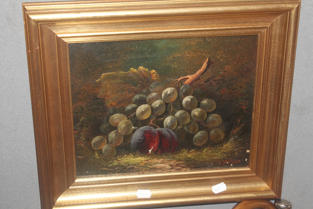 A FRAMED STILL LIFE OIL PAINTING DEPICTING FRUIT