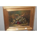 A FRAMED STILL LIFE OIL PAINTING DEPICTING FRUIT