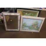 A QUANTITY OF ASSORTED PICTURES TOGETHER WITH A DECORATIVE FLORAL MIRROR