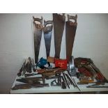 A BOX OF ASSORTED HAND TOOLS ETC