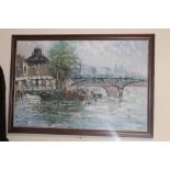 A FRAMED OIL ON CANVAS OF A CITY RIVER SCENE SIGNED 'DUBOIS'