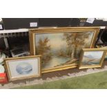 THREE FRAMED PICTURES TO INCLUDE AN OIL ON CANVAS OF A RIVER SCENE TOGETHER WITH TWO OTHERS