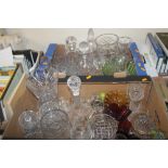 TWO TRAYS OF GLASSWARE TO INCLUDE DECANTERS