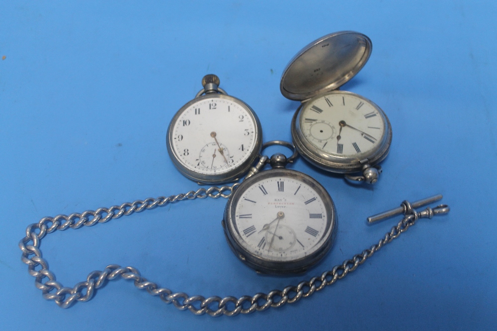 TWO HALLMARKED SILVER POCKET WATCHES TOGETHER WITH ANOTHER POCKET WATCH AND CHAIN