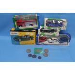 A COLLECTION OF BOXED VEHICLES TO INCLUDE CORGI, TOGETHER WITH A SMALL COLLECTION OF BRITISH COINS